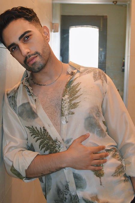 Jasmine Bains_Beige Silk Embroidery Eco Forest Leaf Print Shirt _Online_at_Aza_Fashions