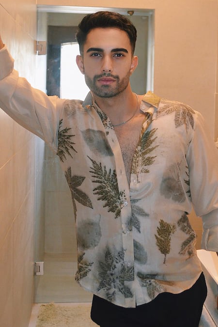 Buy_Jasmine Bains_Beige Silk Embroidery Eco Forest Leaf Print Shirt _Online_at_Aza_Fashions