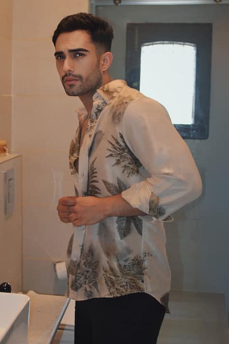 Shop_Jasmine Bains_Beige Silk Embroidery Eco Forest Leaf Print Shirt _Online_at_Aza_Fashions
