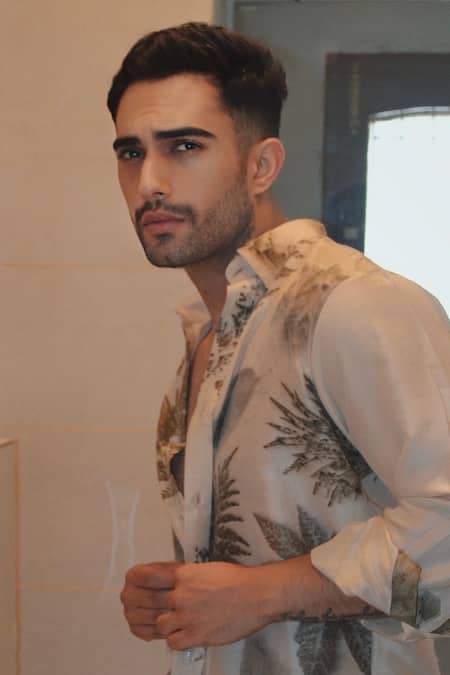 Jasmine Bains_Beige Silk Embroidery Eco Forest Leaf Print Shirt _at_Aza_Fashions