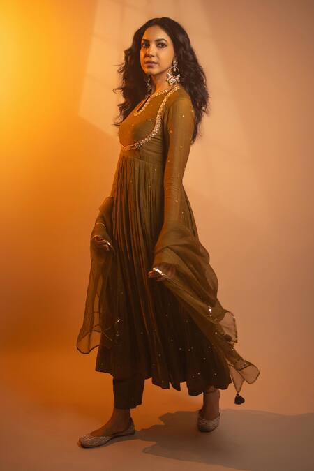 Almaari By Pooja Patel Parijat Mirror Embroidered Anarkali Pant Set 