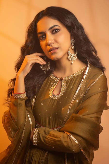 Shop_Almaari By Pooja Patel_Green Chanderi, Silk, Organza Parijat Mirror Embroidered Anarkali Pant Set _Online_at_Aza_Fashions