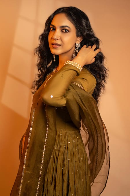 Almaari By Pooja Patel_Green Chanderi, Silk, Organza Parijat Mirror Embroidered Anarkali Pant Set _at_Aza_Fashions