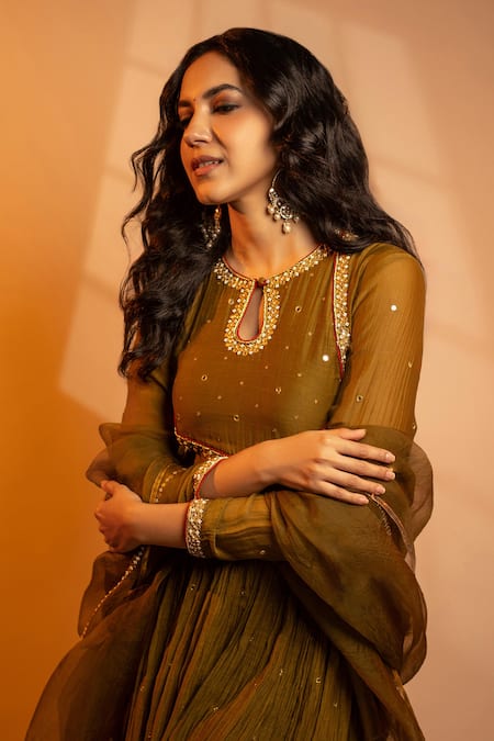 Shop_Almaari By Pooja Patel_Green Chanderi, Silk, Organza Parijat Mirror Embroidered Anarkali Pant Set 