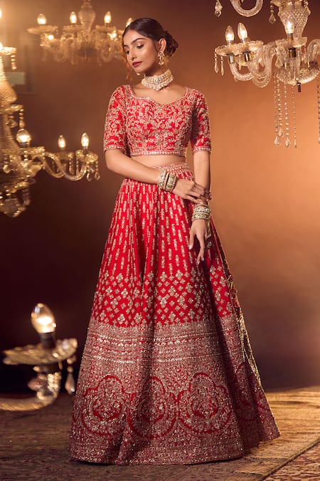 Azeera_Red Chiffon Embroidery, Sequins, Tassels Round Neck Bridal Lehenga Set _Online_at_Aza_Fashions