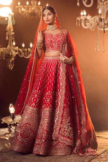 Buy_Azeera_Red Chiffon Embroidery, Sequins, Tassels Round Neck Bridal Lehenga Set _Online_at_Aza_Fashions