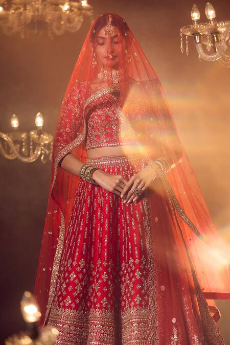 Shop_Azeera_Red Chiffon Embroidery, Sequins, Tassels Round Neck Bridal Lehenga Set _Online_at_Aza_Fashions