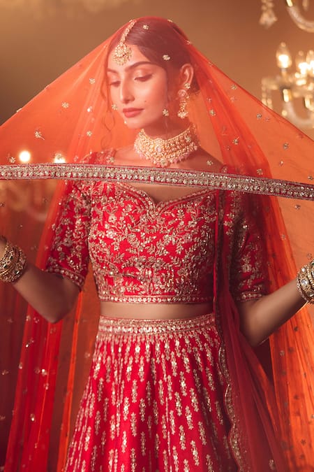 Azeera_Red Chiffon Embroidery, Sequins, Tassels Round Neck Bridal Lehenga Set _at_Aza_Fashions