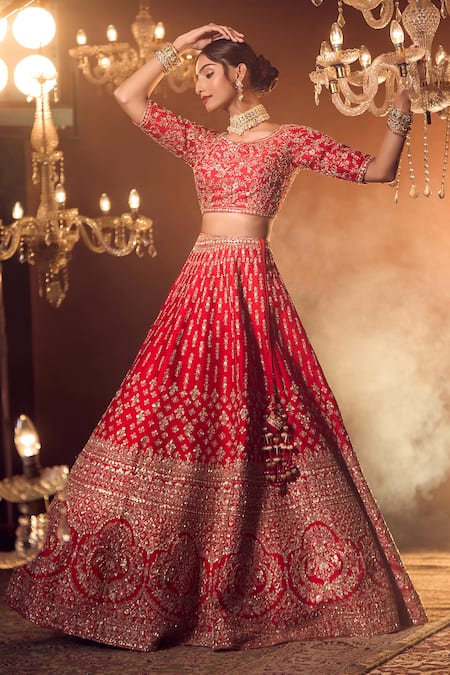 Buy_Azeera_Red Chiffon Embroidery, Sequins, Tassels Round Neck Bridal Lehenga Set 