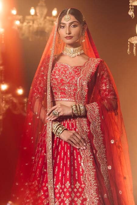 Shop Azeera Red Chiffon Embroidery, Sequins, Tassels Round Neck Bridal Lehenga Set Shop_Azeera_Red Chiffon Embroidery, Sequins, Tassels Round Neck Bridal Lehenga Set