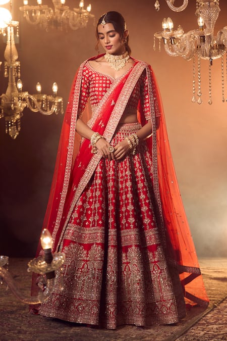 Shop_Azeera_Red Silk Sequins, Zari, Embroidery Asymmetric Floral Bridal Lehenga Set _at_Aza_Fashions