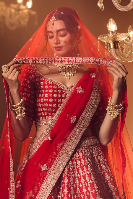 Azeera_Red Silk Sequins, Zari, Embroidery Asymmetric Floral Bridal Lehenga Set _Online_at_Aza_Fashions