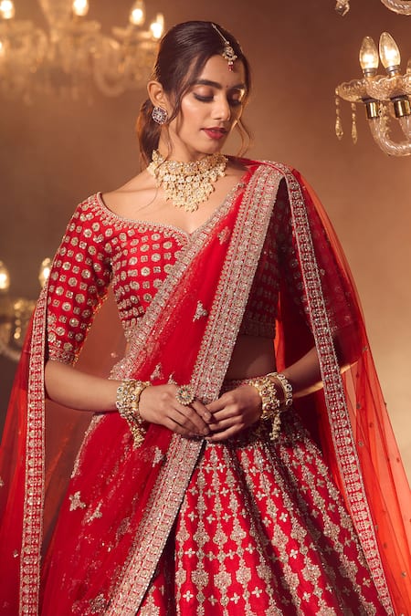 Shop_Azeera_Red Silk Sequins, Zari, Embroidery Asymmetric Floral Bridal Lehenga Set _Online_at_Aza_Fashions