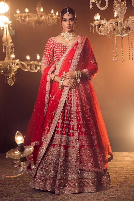 Azeera_Red Silk Sequins, Zari, Embroidery Asymmetric Floral Bridal Lehenga Set _at_Aza_Fashions