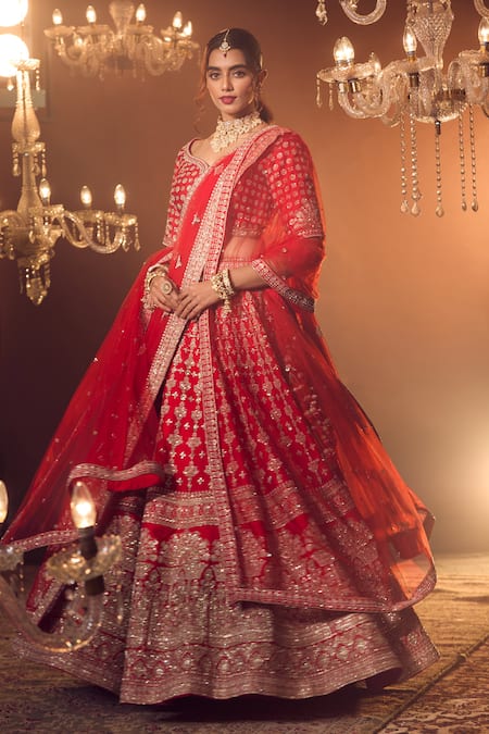Buy_Azeera_Red Silk Sequins, Zari, Embroidery Asymmetric Floral Bridal Lehenga Set 