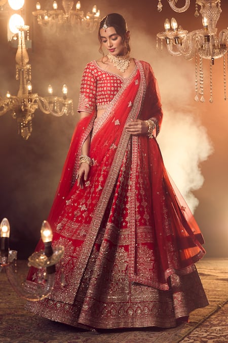Shop_Azeera_Red Silk Sequins, Zari, Embroidery Asymmetric Floral Bridal Lehenga Set 