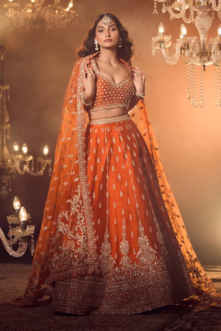 Shop_Azeera_Orange Sequins, Zari, Tassels Zeenath Floral Embroidered Bridal Lehenga Set _Online_at_Aza_Fashions