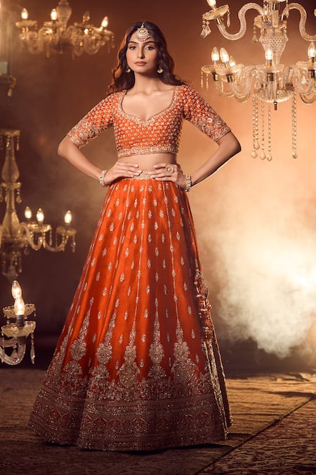Azeera_Orange Sequins, Zari, Tassels Zeenath Floral Embroidered Bridal Lehenga Set _at_Aza_Fashions