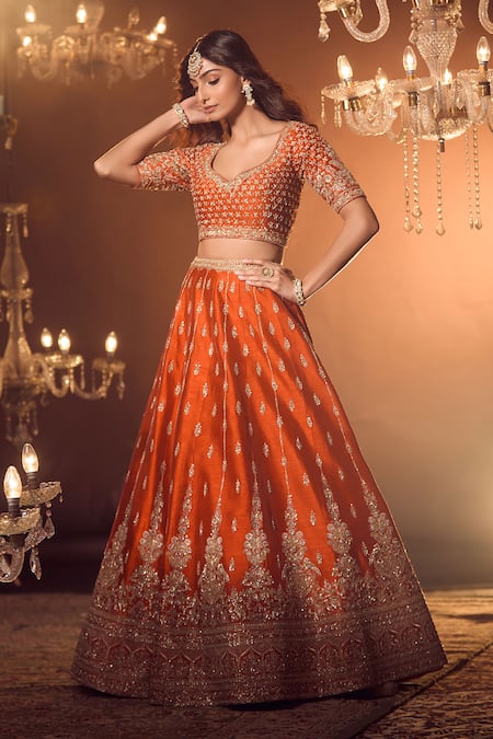 Shop_Azeera_Orange Sequins, Zari, Tassels Zeenath Floral Embroidered Bridal Lehenga Set 