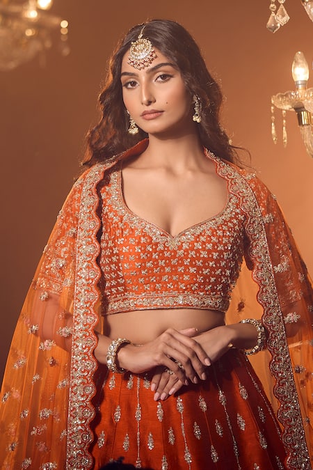 Azeera_Orange Sequins, Zari, Tassels Zeenath Floral Embroidered Bridal Lehenga Set _Online_at_Aza_Fashions