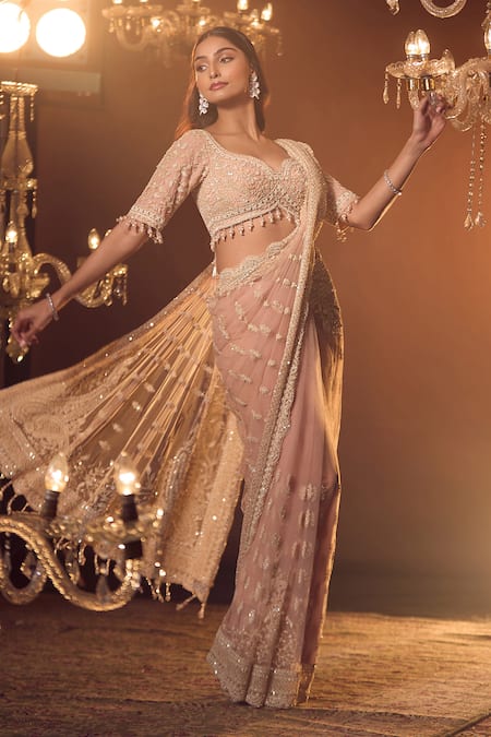 Shop Azeera Pink Silk Tassels, Embroidery Sweetheart Neck Vanya Floral Saree With Blouse at Aza Fashions Shop_Azeera_Pink Silk Tassels, Embroidery Sweetheart Neck Vanya Floral Saree With Blouse _at_Aza_Fashions