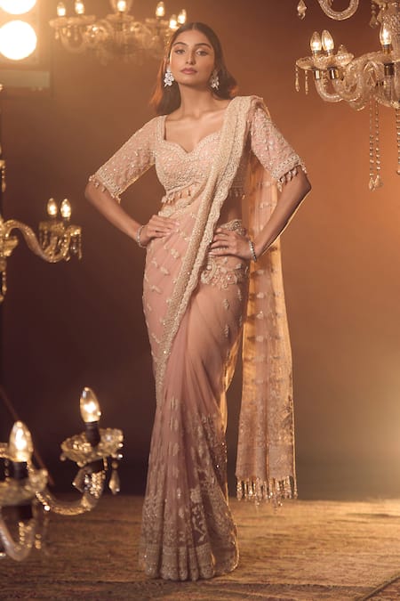 Azeera Pink Silk Tassels, Embroidery Sweetheart Neck Vanya Floral Saree With Blouse Online at Aza Fashions Azeera_Pink Silk Tassels, Embroidery Sweetheart Neck Vanya Floral Saree With Blouse _Online_at_Aza_Fashions