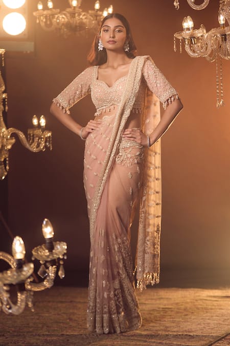 Shop Azeera Pink Silk Tassels, Embroidery Sweetheart Neck Vanya Floral Saree With Blouse Online at Aza Fashions Shop_Azeera_Pink Silk Tassels, Embroidery Sweetheart Neck Vanya Floral Saree With Blouse _Online_at_Aza_Fashions