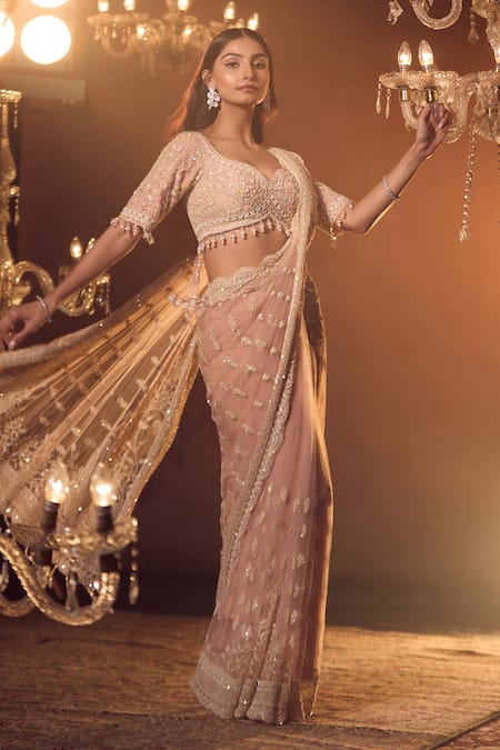 Buy Azeera Pink Silk Tassels, Embroidery Sweetheart Neck Vanya Floral Saree With Blouse Buy_Azeera_Pink Silk Tassels, Embroidery Sweetheart Neck Vanya Floral Saree With Blouse