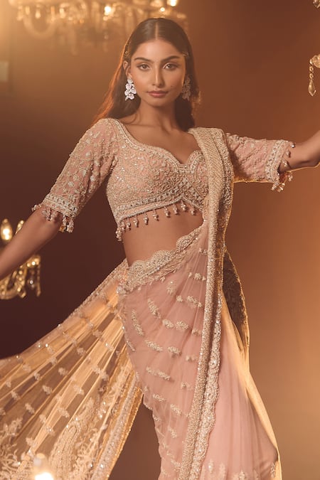 Shop Azeera Pink Silk Tassels, Embroidery Sweetheart Neck Vanya Floral Saree With Blouse Shop_Azeera_Pink Silk Tassels, Embroidery Sweetheart Neck Vanya Floral Saree With Blouse