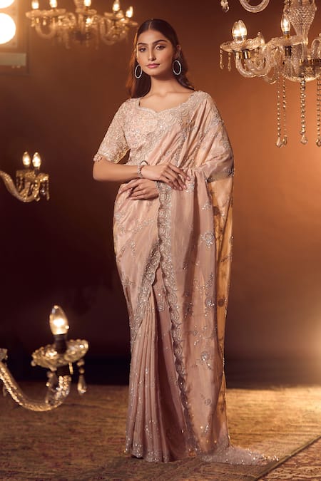 Azeera Rose Gold Embroidered Floral Jaal Leaf Neck Marbella Saree With Blouse 