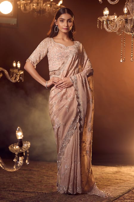 Shop Azeera Rose Gold Silk Sequins, Beads, Cut Marbella Floral Embroidered Saree With Blouse at Aza Fashions Shop_Azeera_Rose Gold Silk Sequins, Beads, Cut Marbella Floral Embroidered Saree With Blouse _at_Aza_Fashions