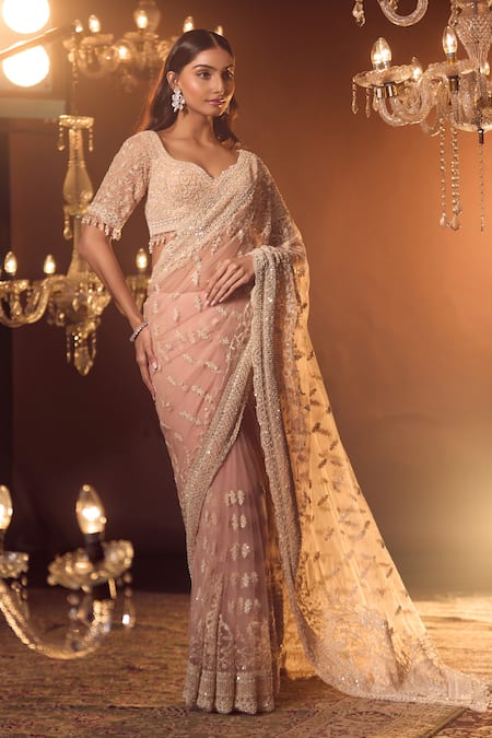 Azeera Pink Silk Stones, Embroidery Plunge Neck Vanya Floral Saree With Blouse Online at Aza Fashions Azeera_Pink Silk Stones, Embroidery Plunge Neck Vanya Floral Saree With Blouse _Online_at_Aza_Fashions