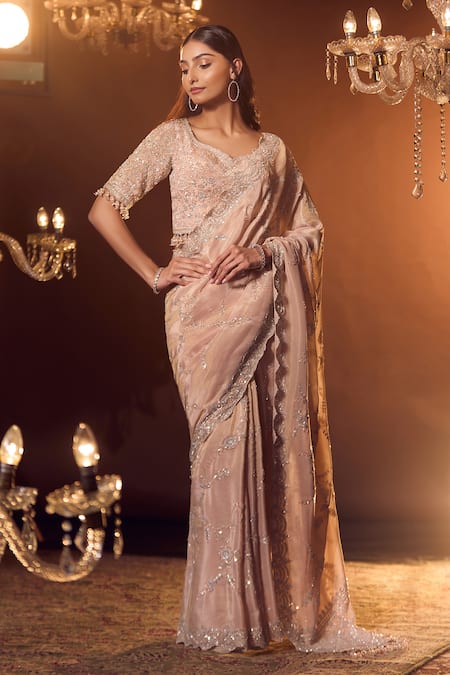 Azeera Rose Gold Silk Sequins, Beads, Cut Marbella Floral Embroidered Saree With Blouse Online at Aza Fashions Azeera_Rose Gold Silk Sequins, Beads, Cut Marbella Floral Embroidered Saree With Blouse _Online_at_Aza_Fashions