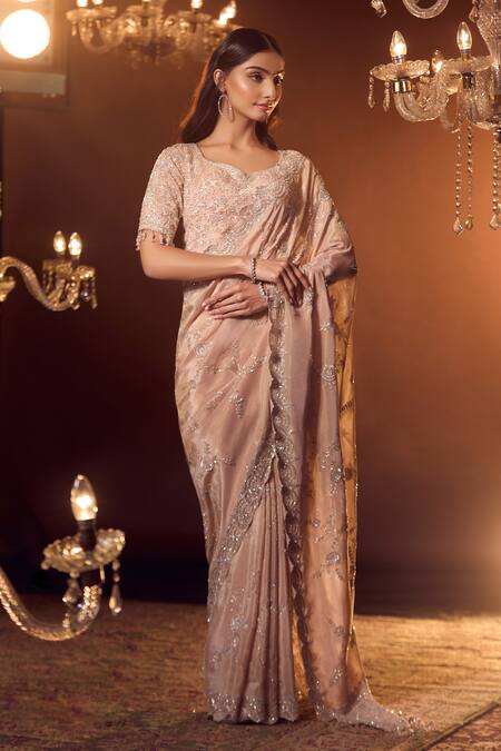 Shop Azeera Rose Gold Silk Sequins, Beads, Cut Marbella Floral Embroidered Saree With Blouse Online at Aza Fashions Shop_Azeera_Rose Gold Silk Sequins, Beads, Cut Marbella Floral Embroidered Saree With Blouse _Online_at_Aza_Fashions