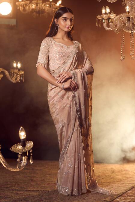 Shop Azeera Rose Gold Silk Sequins, Beads, Cut Marbella Floral Embroidered Saree With Blouse Shop_Azeera_Rose Gold Silk Sequins, Beads, Cut Marbella Floral Embroidered Saree With Blouse