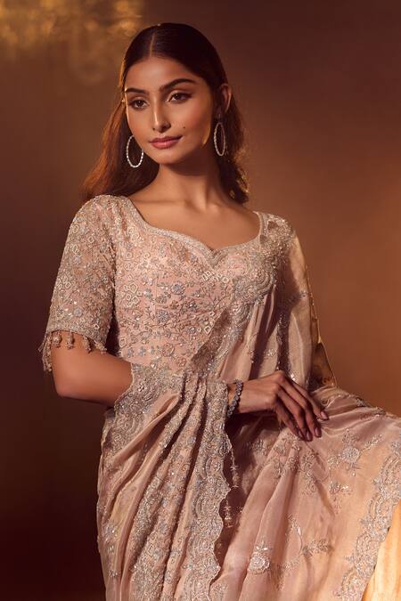 Buy Azeera Rose Gold Silk Sequins, Beads, Cut Marbella Floral Embroidered Saree With Blouse Online at Aza Fashions Buy_Azeera_Rose Gold Silk Sequins, Beads, Cut Marbella Floral Embroidered Saree With Blouse _Online_at_Aza_Fashions