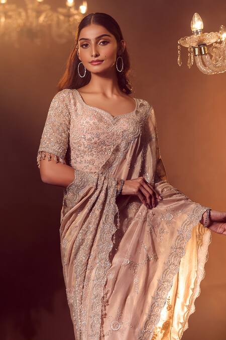 Azeera Rose Gold Silk Sequins, Beads, Cut Marbella Floral Embroidered Saree With Blouse at Aza Fashions Azeera_Rose Gold Silk Sequins, Beads, Cut Marbella Floral Embroidered Saree With Blouse _at_Aza_Fashions