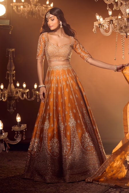 Shop_Azeera_Orange Silk Embroidery, Sequins, Zari Apoorva Floral Zardozi Bridal Lehenga Set _at_Aza_Fashions