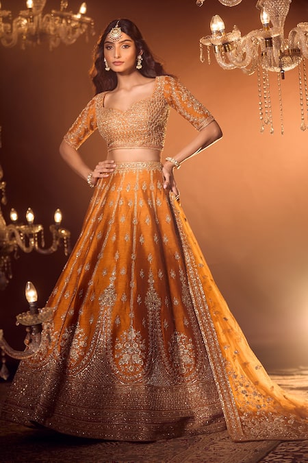 Azeera_Orange Silk Embroidery, Sequins, Zari Apoorva Floral Zardozi Bridal Lehenga Set _Online_at_Aza_Fashions