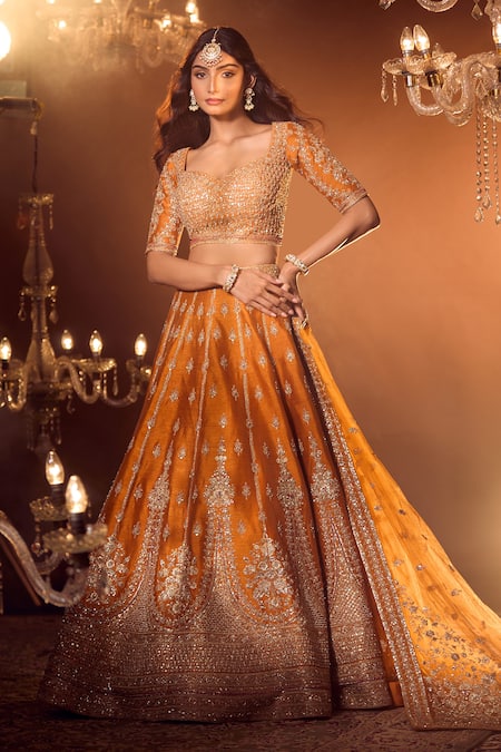 Buy_Azeera_Orange Silk Embroidery, Sequins, Zari Apoorva Floral Zardozi Bridal Lehenga Set _Online_at_Aza_Fashions