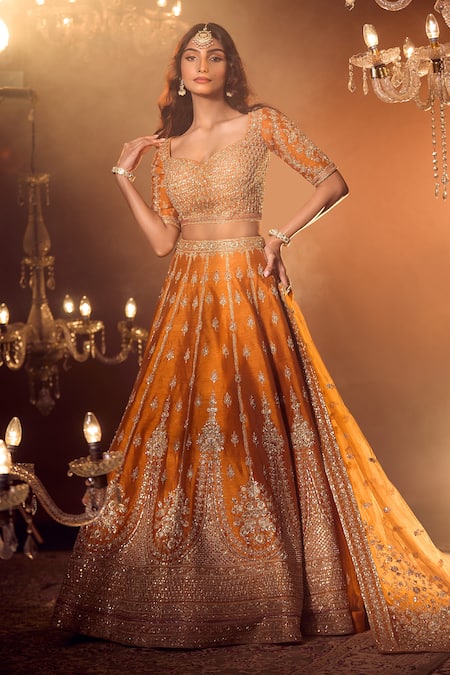 Shop_Azeera_Orange Silk Embroidery, Sequins, Zari Apoorva Floral Zardozi Bridal Lehenga Set _Online_at_Aza_Fashions