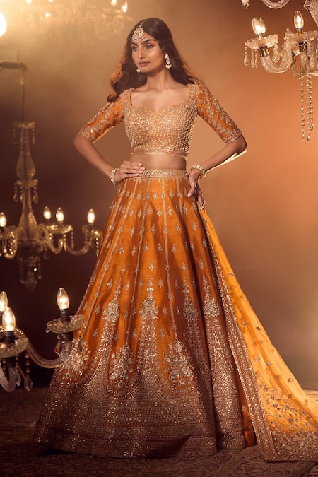 Azeera_Orange Silk Embroidery, Sequins, Zari Apoorva Floral Zardozi Bridal Lehenga Set _at_Aza_Fashions