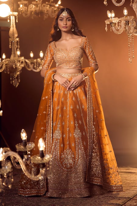 Shop_Azeera_Orange Silk Embroidery, Sequins, Zari Apoorva Floral Zardozi Bridal Lehenga Set 