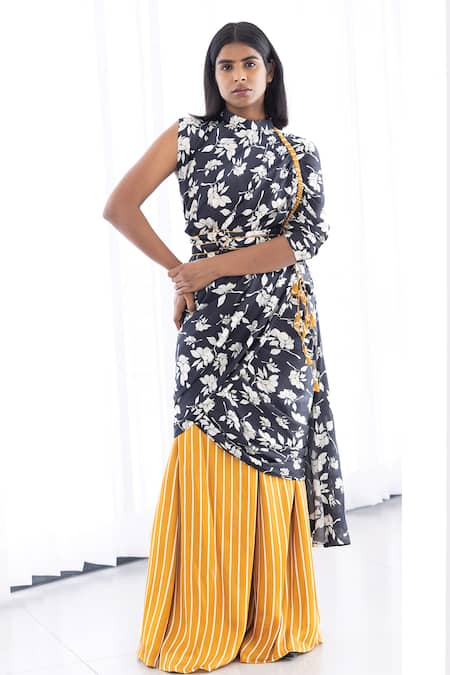 Studio Surbhi Yellow Georgette Satin Printed Floral High Neck And Stripe Pant Saree Set 