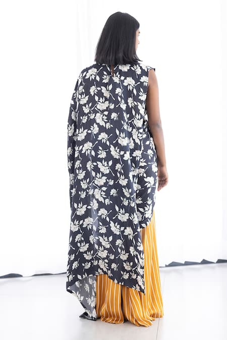 Shop_Studio Surbhi_Yellow Georgette, Satin Embroidery, Piping Floral And Stripe Print Pant Saree Set _at_Aza_Fashions