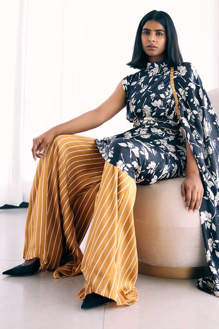 Buy_Studio Surbhi_Yellow Georgette, Satin Embroidery, Piping Floral And Stripe Print Pant Saree Set _Online_at_Aza_Fashions