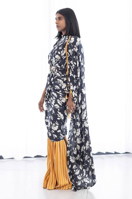 Shop_Studio Surbhi_Yellow Georgette, Satin Embroidery, Piping Floral And Stripe Print Pant Saree Set _Online_at_Aza_Fashions