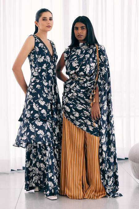 Studio Surbhi_Yellow Georgette, Satin Embroidery, Piping Floral And Stripe Print Pant Saree Set _at_Aza_Fashions