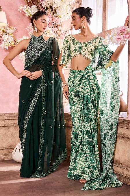 Krisha Sunny Ramani_Green Georgette Crystals, Floral And Checks Print Pre-draped Saree With Blouse _Online_at_Aza_Fashions
