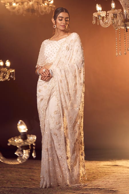 Azeera_Pink Silk Cut Work, Sequins, Stones, Kareen Floral Jaal With Blouse _Online_at_Aza_Fashions